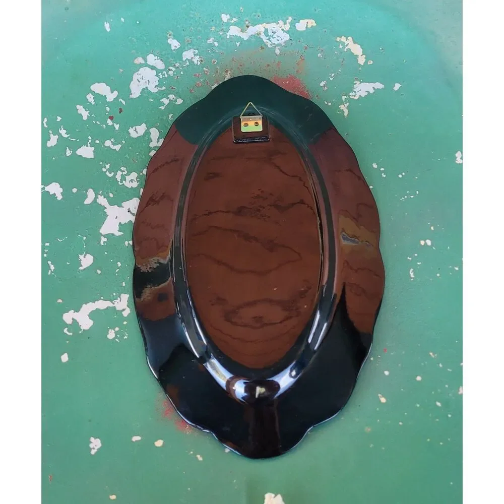 Vintage Asian Black Lacquer Tray Mother of Pearl Inlay Wall Art, Oval 11.5